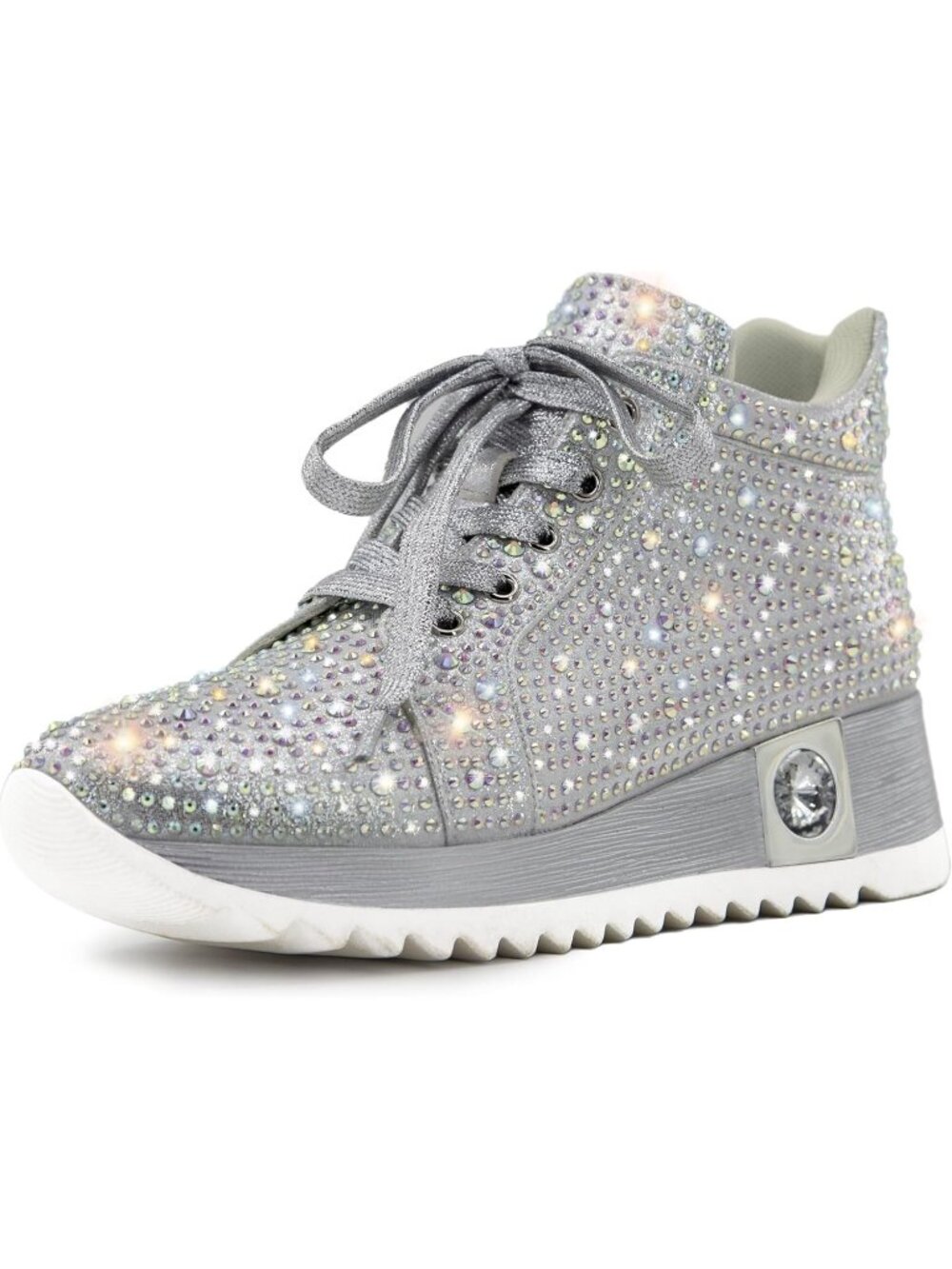 Women's Silver Glitter Sparkly Rhinestone High Top Trendy Sequin Fashion Sneaker